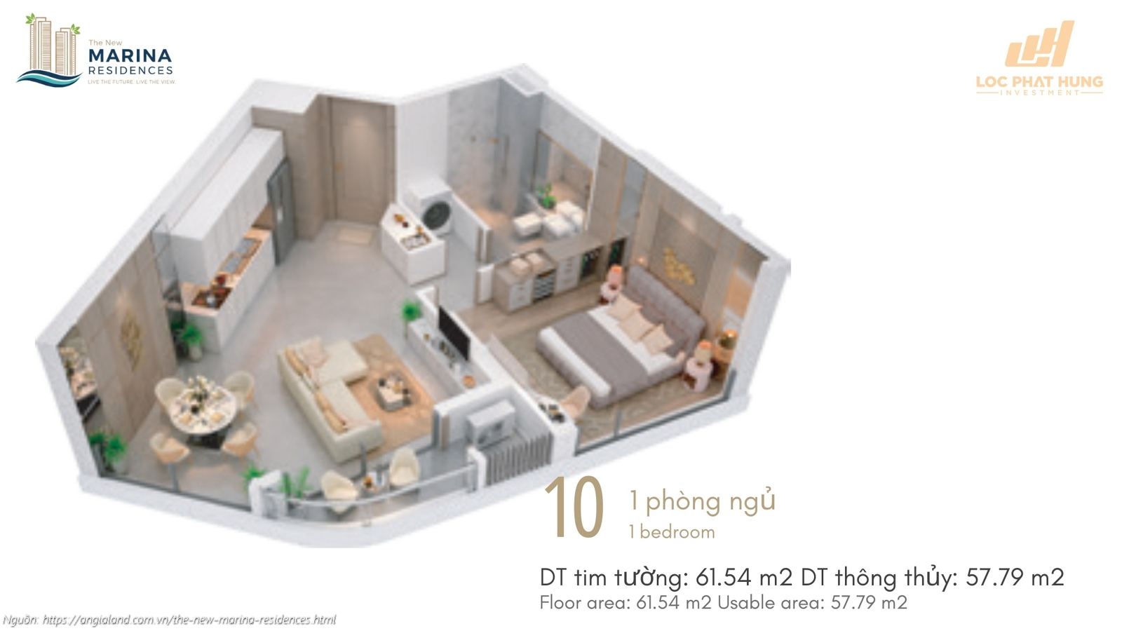 Thiết kế chi tiết căn hộ 1PN diện tích tim tường 61.54m2 tại The New Marina Residences