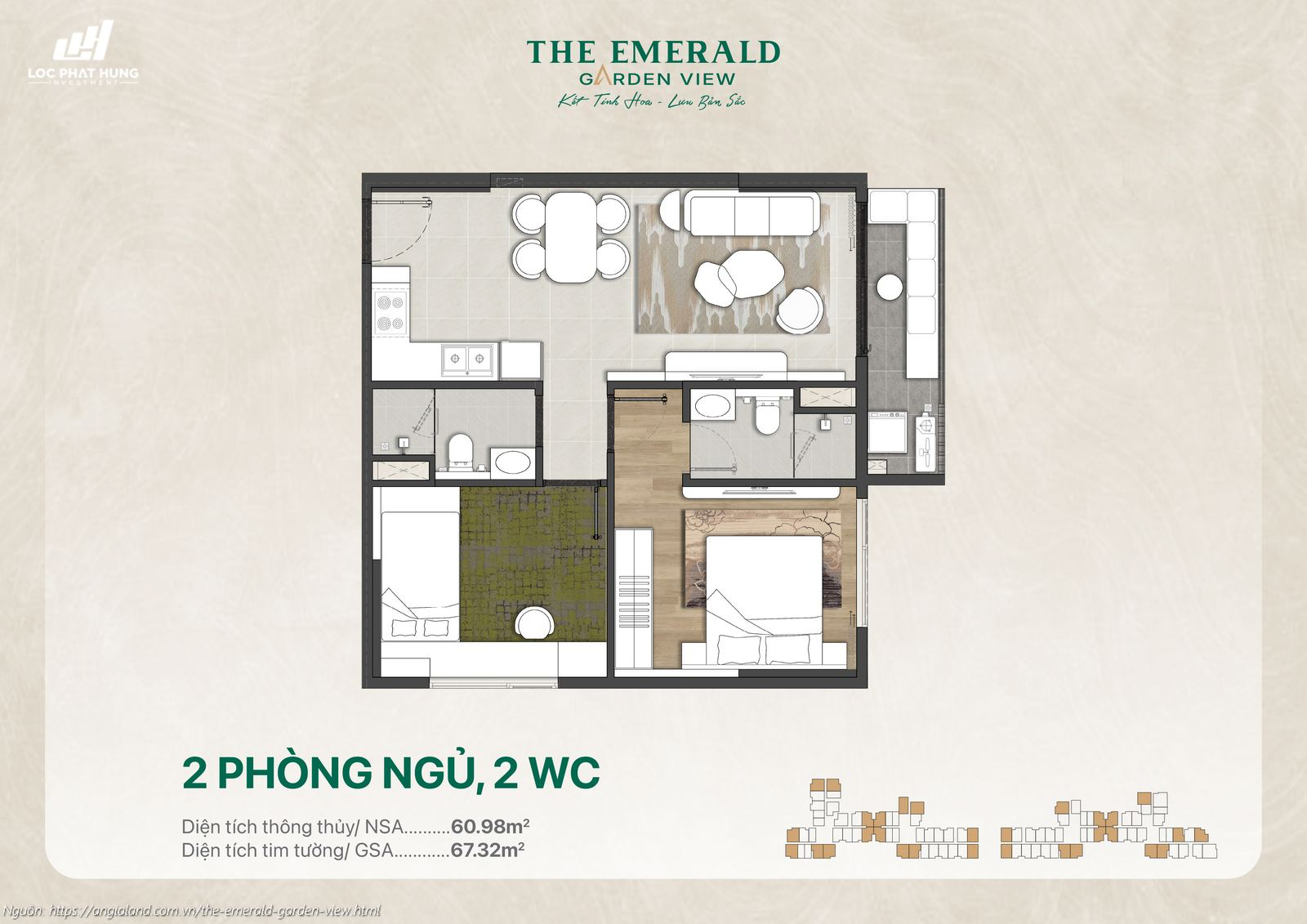 Thiết kế căn hộ 2 phòng ngủ, 2WC (60.98m²) chung cư The Emerald Garden View