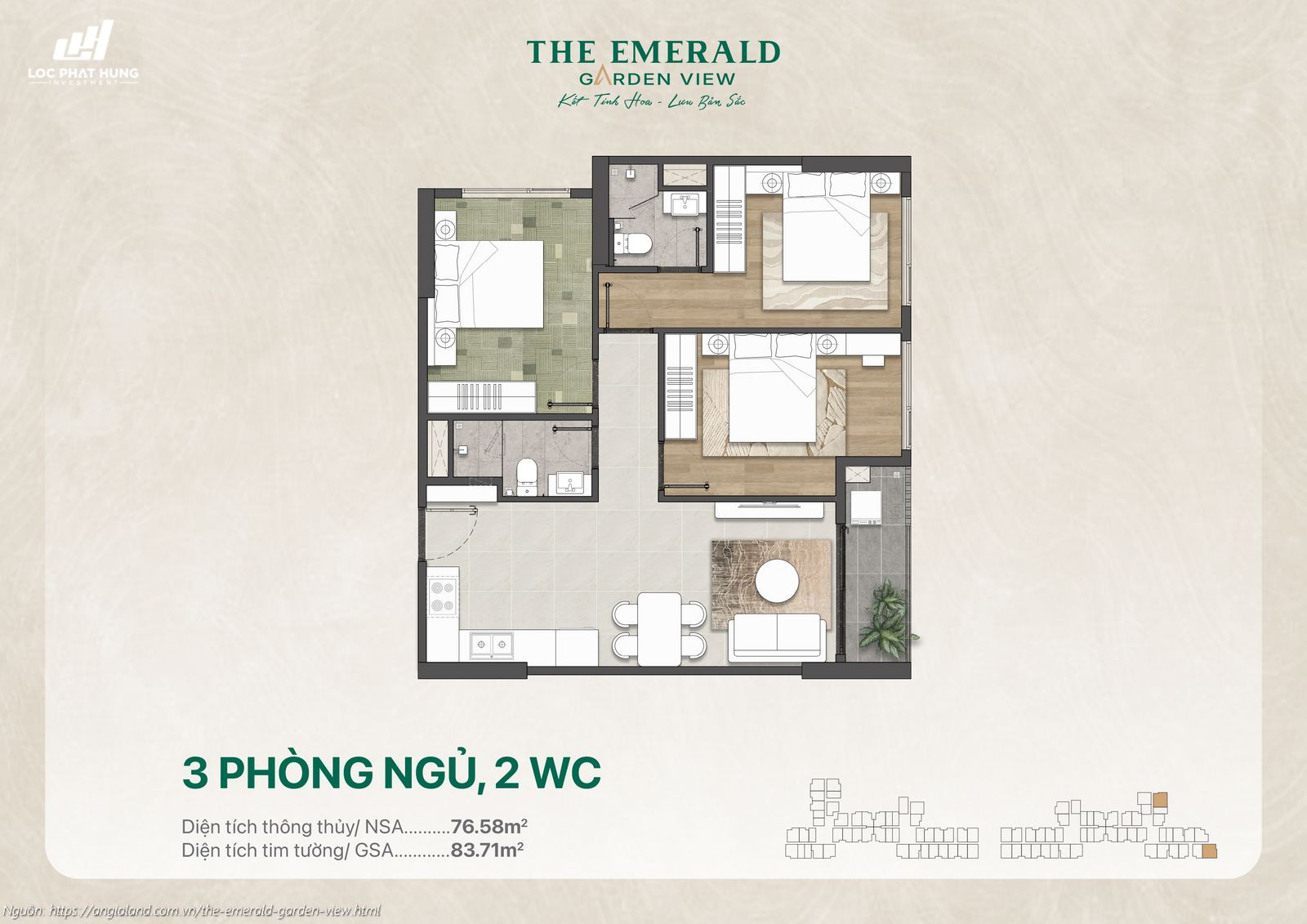 Thiết kế căn hộ 3 phòng ngủ, 2WC (76.58m²) chung cư The Emerald Garden View