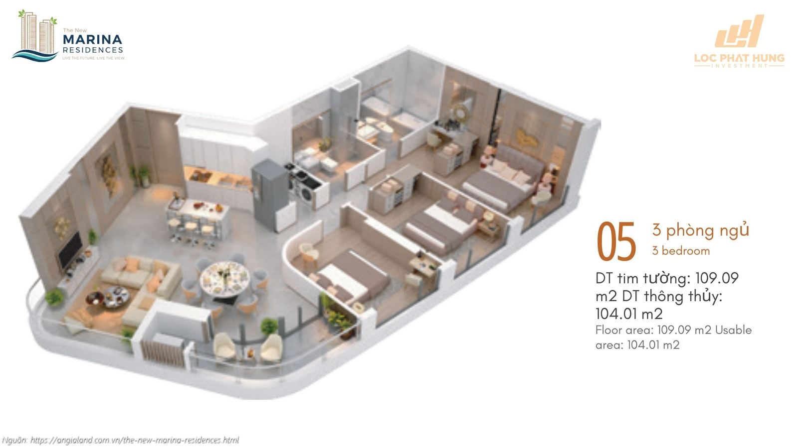 Thiết kế chi tiết căn hộ 3PN diện tích tim tường 109.09m2 dự án The New Marina Residences