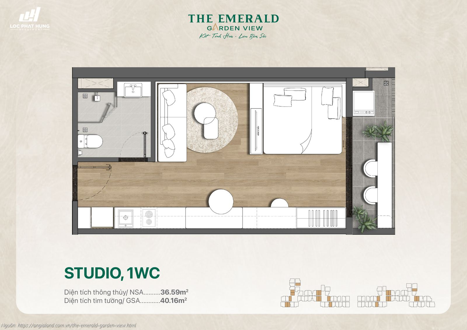 Thiết kế căn hộ Studio, 1WC (36.59m²) chung cư The Emerald Garden View