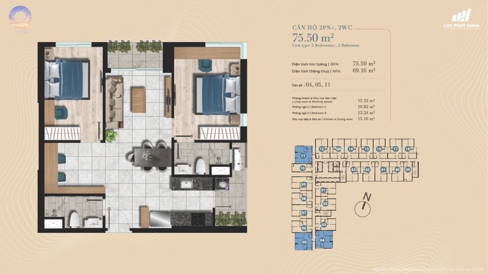Thiết kế layout 2PN 2WC dự án One Era
