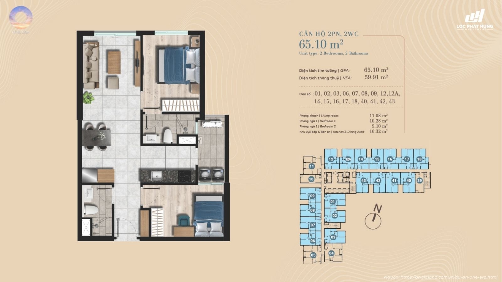 Thiết kế layout 2PN 2WC dự án One Era