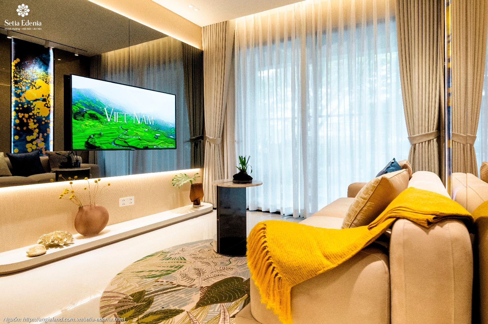 Thiết kế phòng khách nhà mẫu căn hộ Setia Edenia loại 1PN (diện tích 50m²)