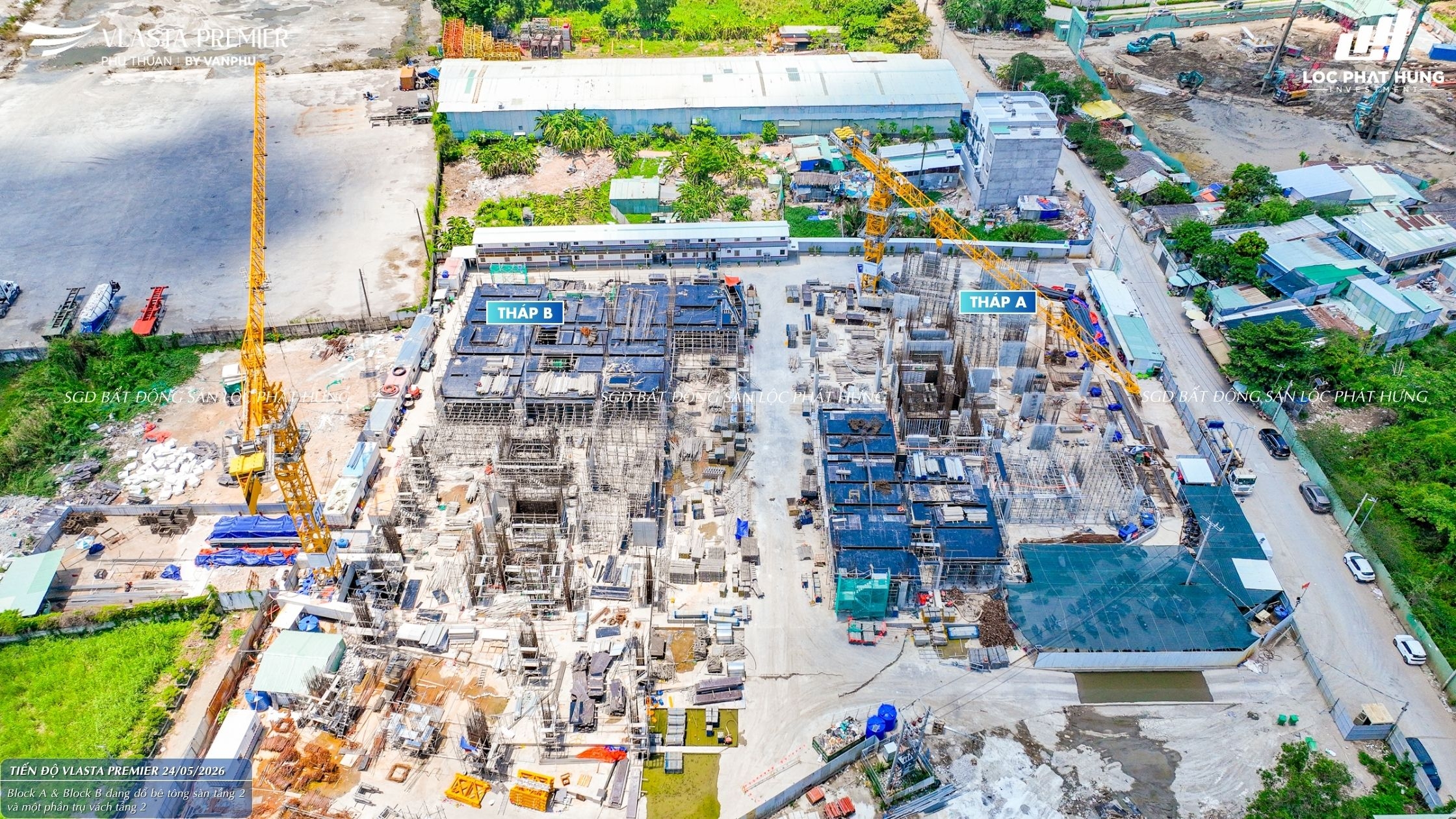Hình ảnh thực tế tiến độ xây dựng phần thân và hạ tầng dự án Vlasta Premier ngày 24/05/2026