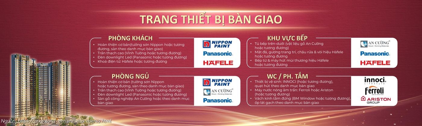 Trang thiết bị bàn giao căn hộ chung cư Setia Edenia (Nippon, Panasonic, Häfele, An Cường, INNOCI)
