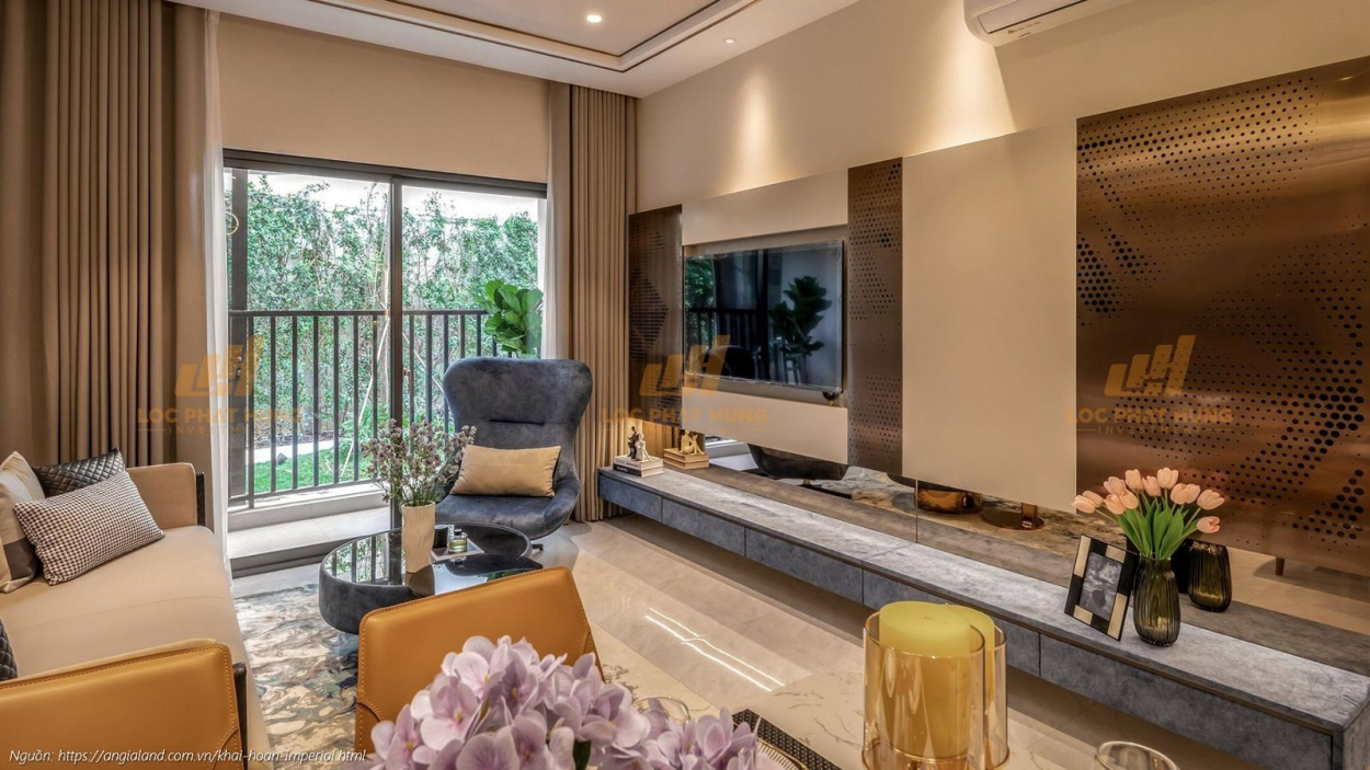 Phòng khách nhà mẫu căn hộ 2PN - 2WC (68m2) dự án Bespoke TPHCM