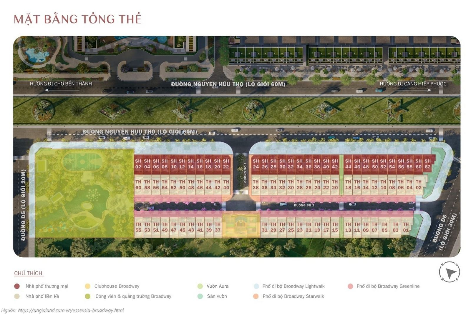 Mặt bằng tổng thể phân lô dự án Essensia Broadway mặt tiền Nguyễn Hữu Thọ