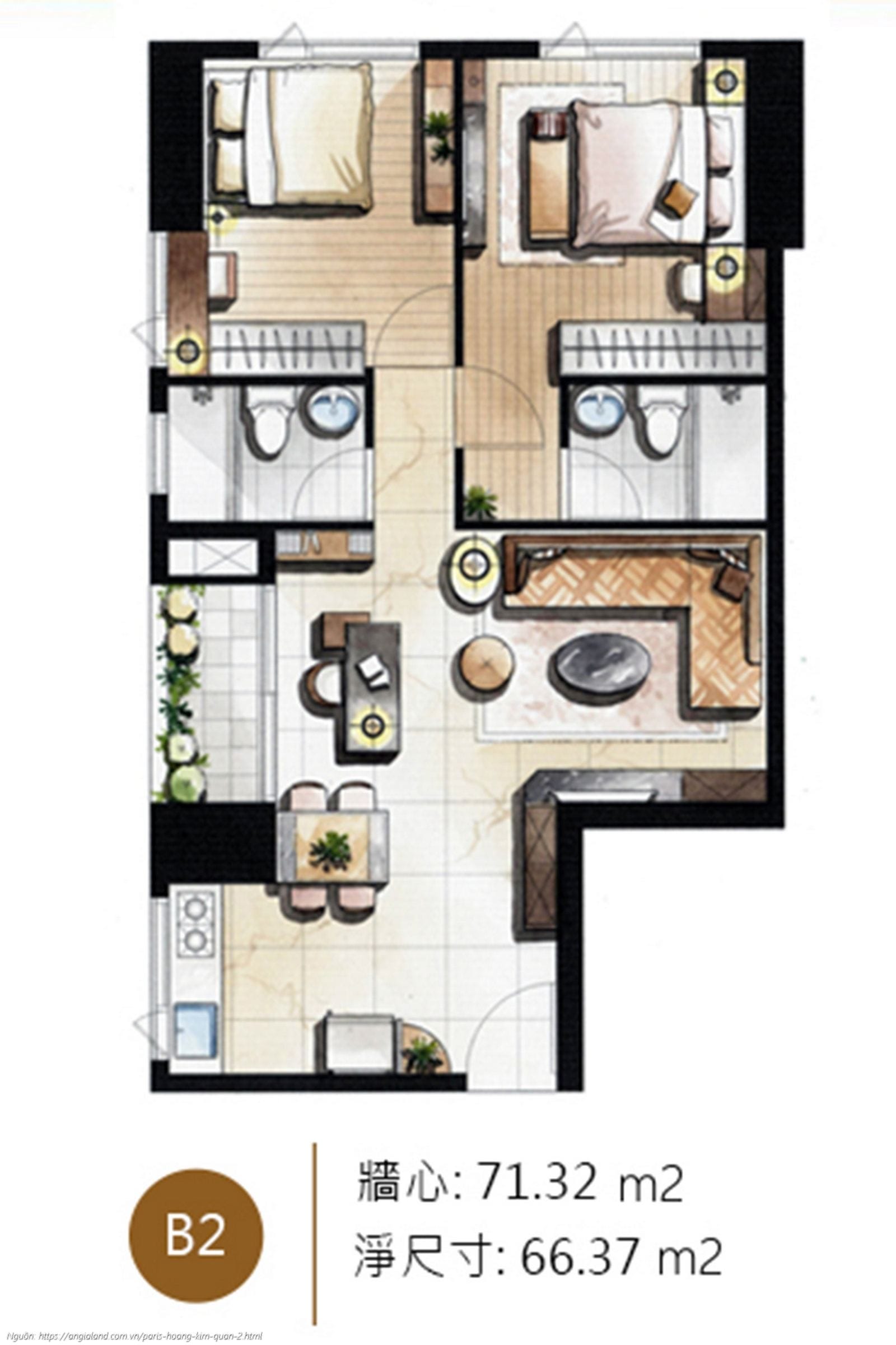 Thiet Ke Layout Can Ho B2 Dien Tich 71 32m2 Paris Hoang Kim Quan 2 Thiết kế chi tiết layout căn hộ B2 diện tích 71.32 m² dự án Paris Hoàng Kim Quận 2