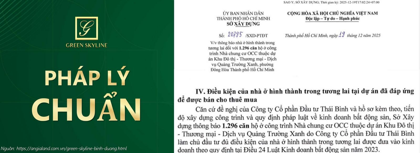Văn bản thông báo của Sở Xây Dựng về việc nhà ở hình thành trong tương lai đủ điều kiện được bán, cho thuê mua tại dự án Green Skyline