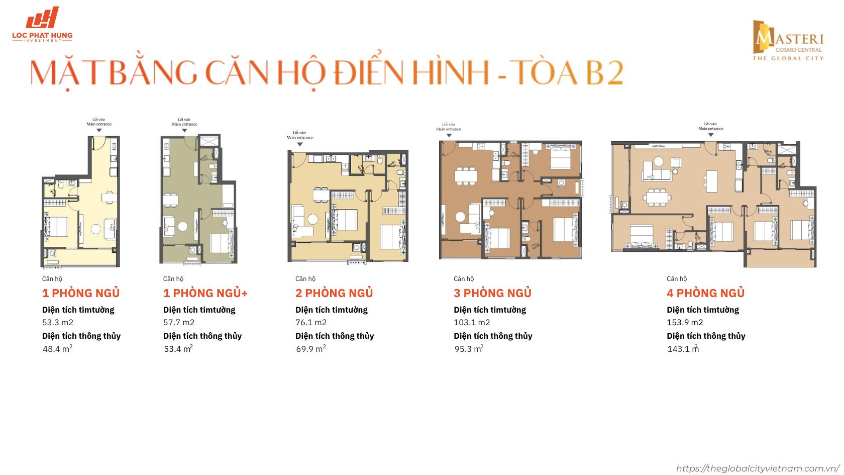 Chi tiết mặt bằng và diện tích thông thủy căn hộ 1-4 phòng ngủ tòa B2 Masteri Cosmo Central