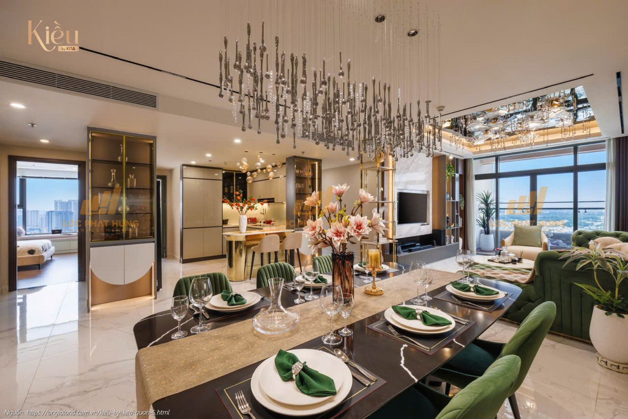 Ảnh thực tế nhà mẫu phòng khách căn hộ 23-02 (3PN 2WC, 155m2) dự án Kiều By Kita Quận 5, thiết kế sang trọng.