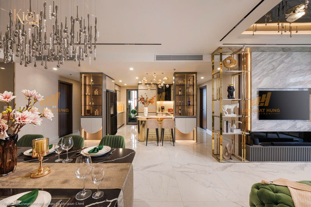 Ảnh thực tế nhà mẫu phòng khách căn hộ 23-02 (3PN 2WC, 155m2) dự án Kiều By Kita Quận 5, thiết kế sang trọng.