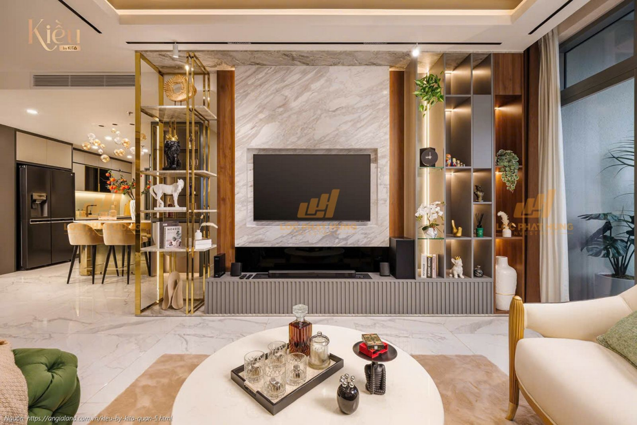 Ảnh thực tế nhà mẫu phòng khách căn hộ 23-02 (3PN 2WC, 155m2) dự án Kiều By Kita Quận 5, thiết kế sang trọng.