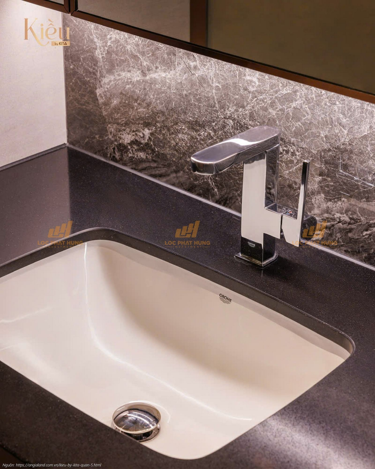 Bộ vòi và chậu rửa mặt (lavabo) thiết kế sang trọng trong phòng tắm căn hộ Kiều By Kita