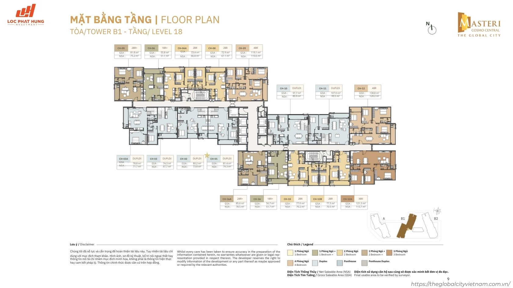 Mặt bằng chi tiết tầng 18 tòa B1 Masteri Cosmo Central - The Global City (Bao gồm căn hộ Duplex)