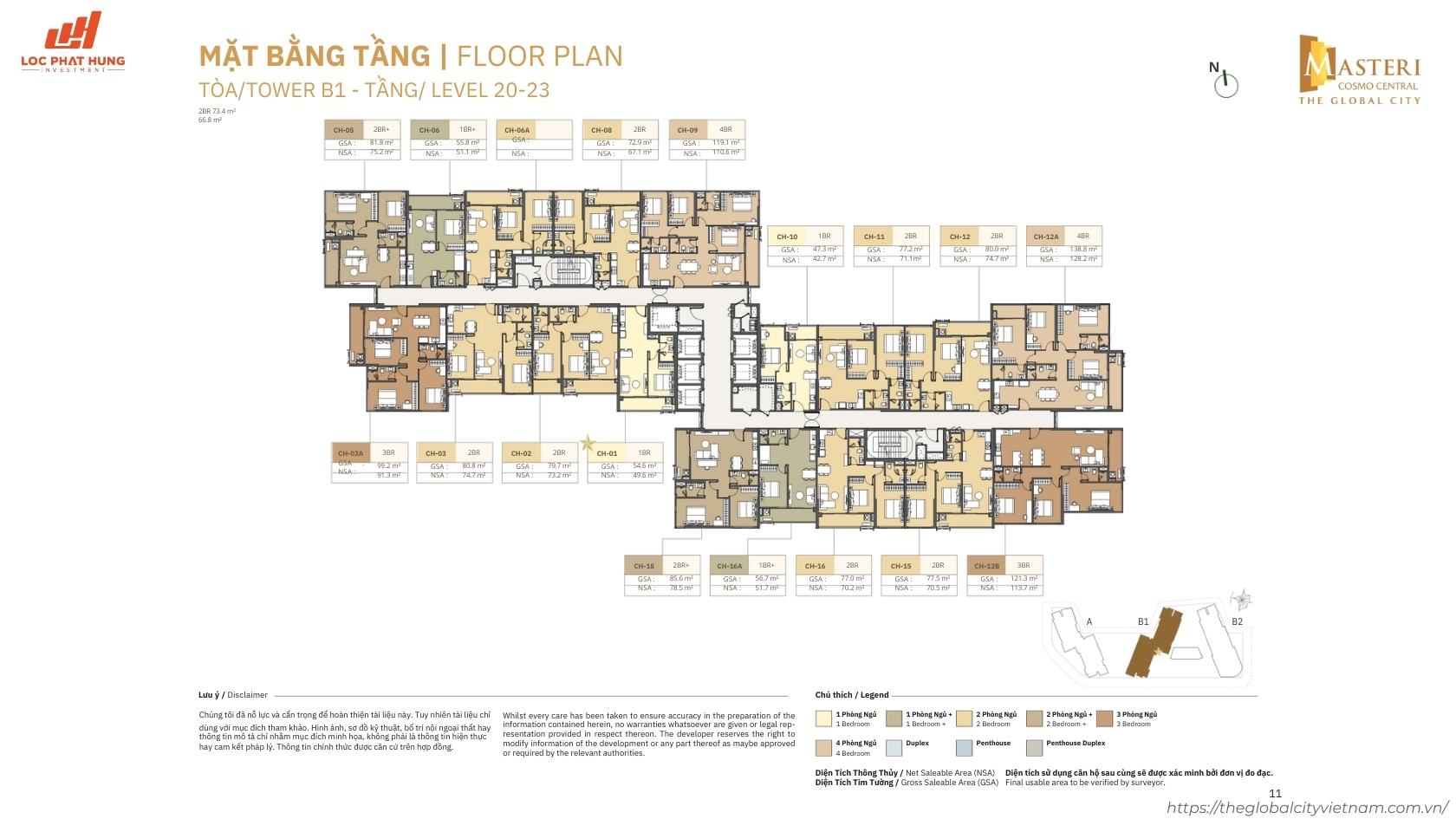 Mặt bằng các tầng cao (Tầng 20-23) tòa B1 Masteri Cosmo Central