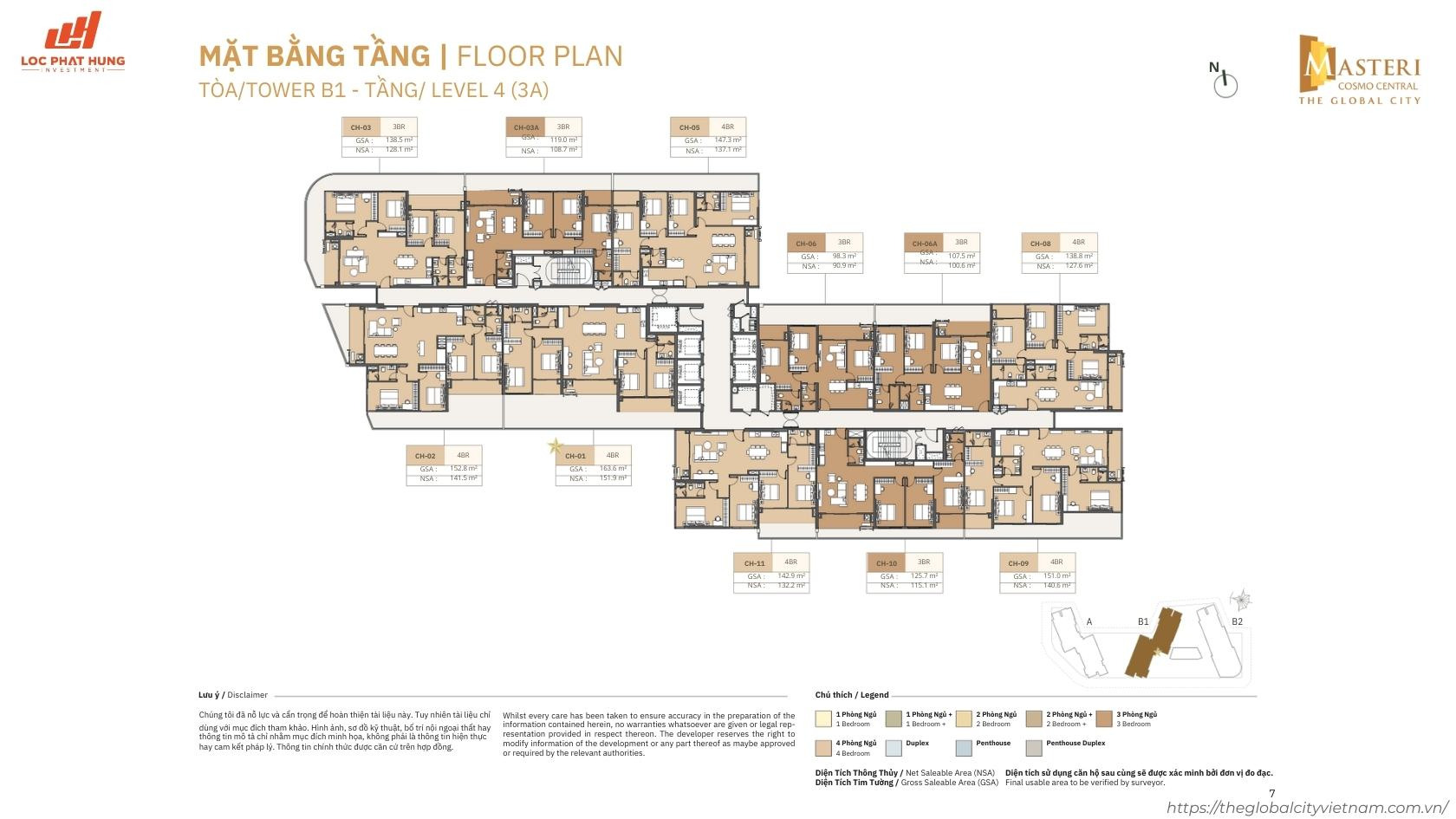 Mặt bằng chi tiết tầng 4 (3A) tòa B1 dự án Masteri Cosmo Central - The Global City