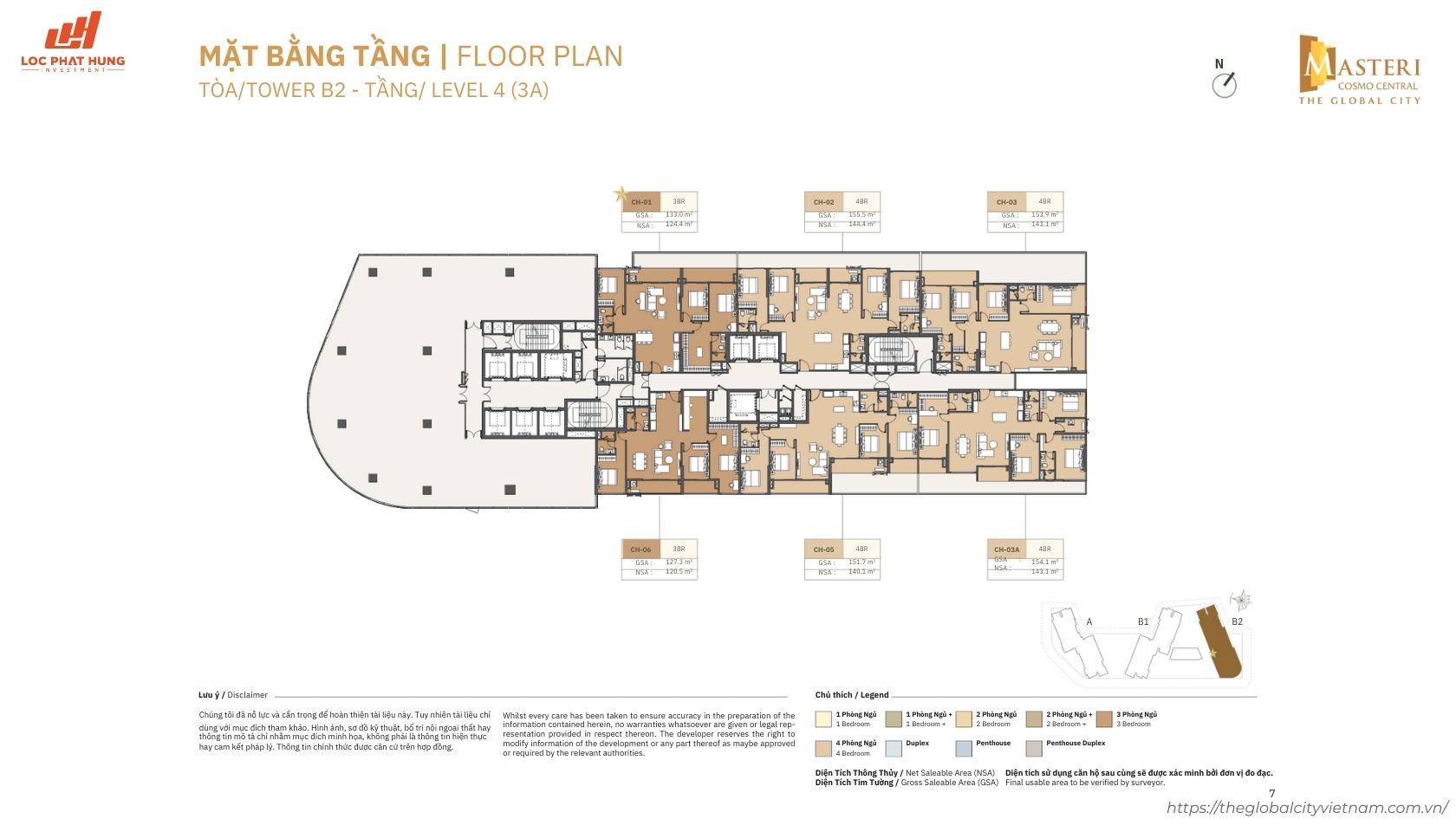 Mặt bằng chi tiết tầng 4 (3A) tòa B2 dự án Masteri Cosmo Central - The Global City