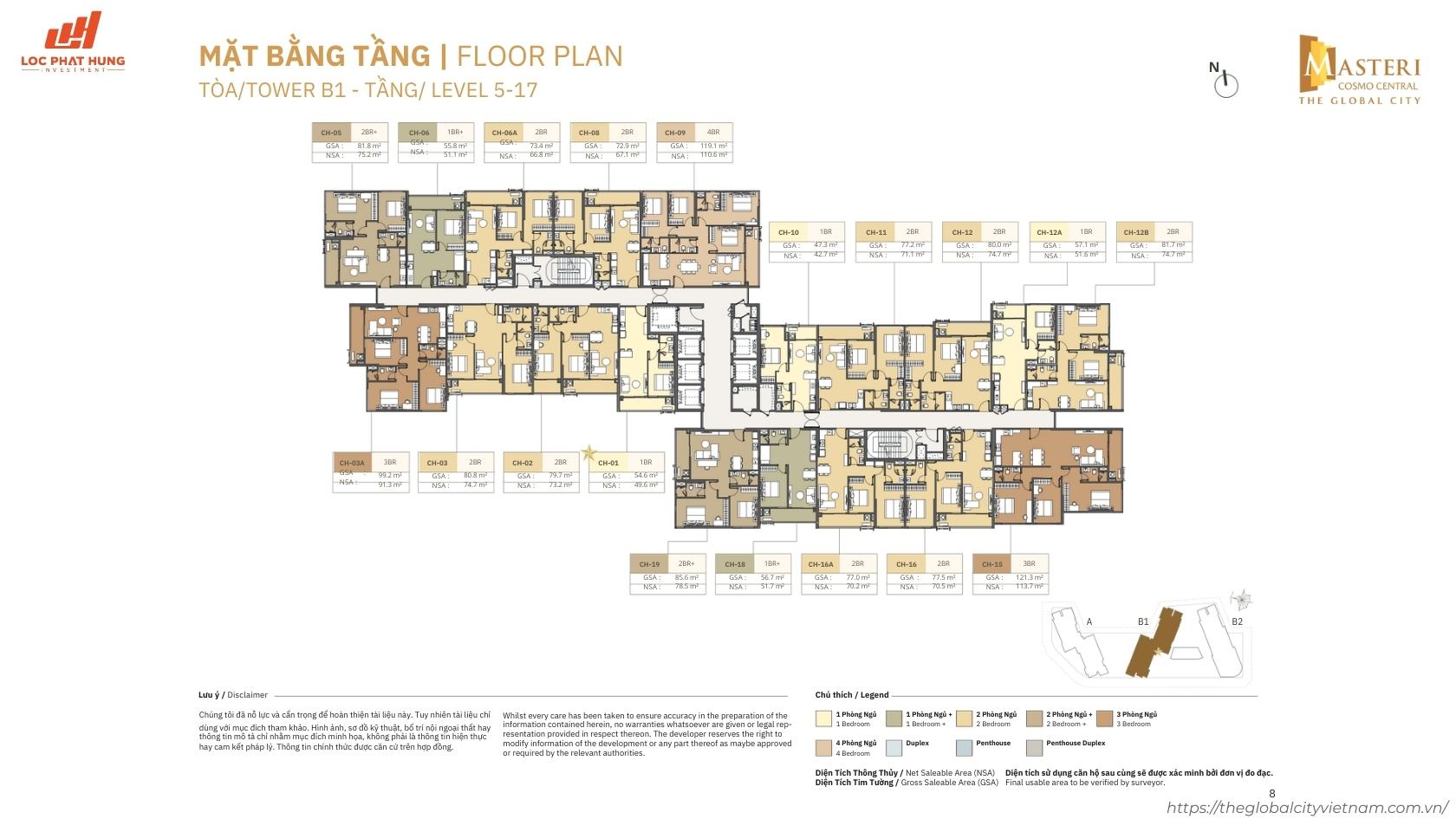 Tổng mặt bằng tầng điển hình (Tầng 5-17) tòa B1 Masteri Cosmo Central
