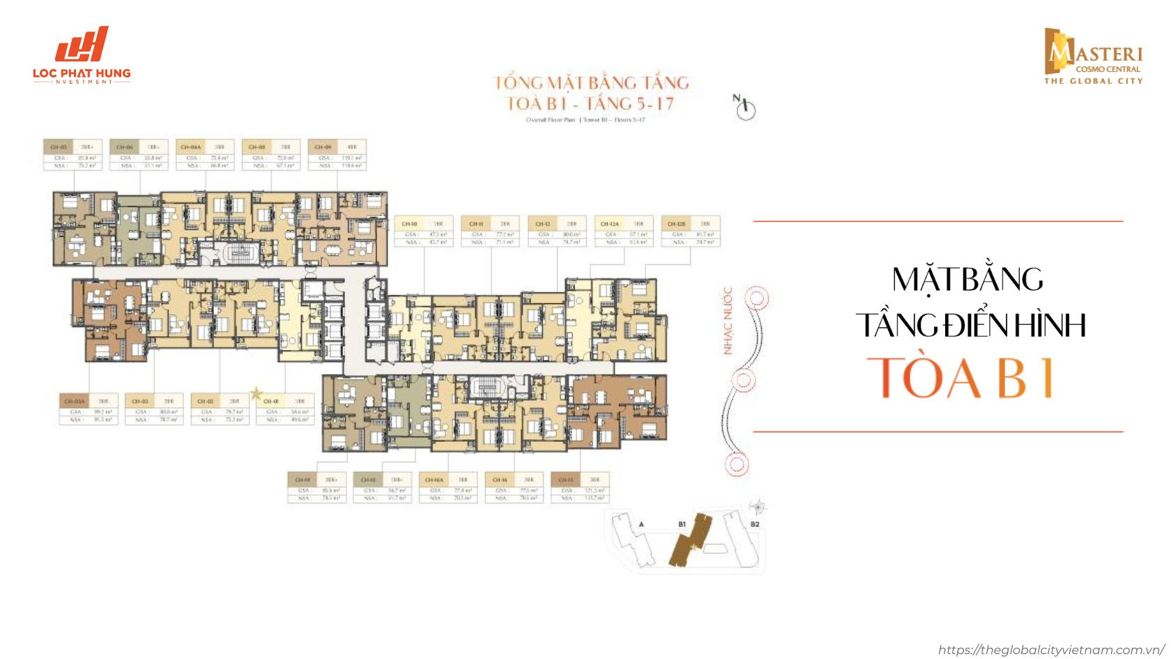Tổng mặt bằng tầng điển hình tòa B1 (Tầng 5-17) dự án Masteri Cosmo Central - The Global City