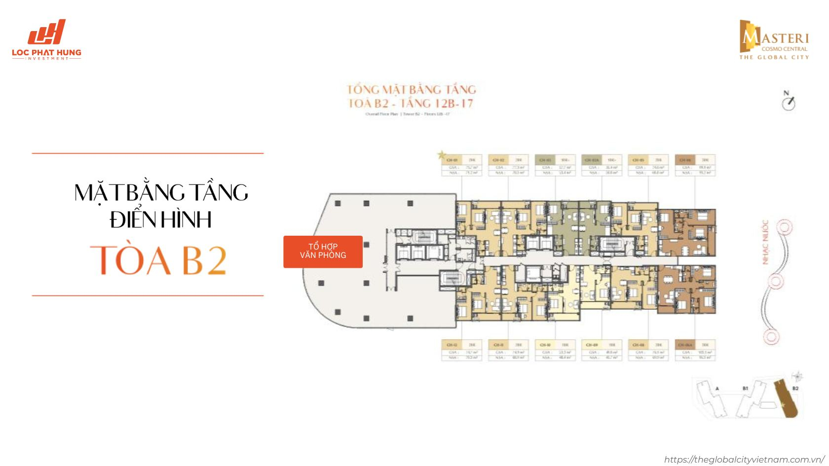Tổng mặt bằng tầng điển hình tòa B2 (Tầng 12B-17) dự án Masteri Cosmo Central - The Global City