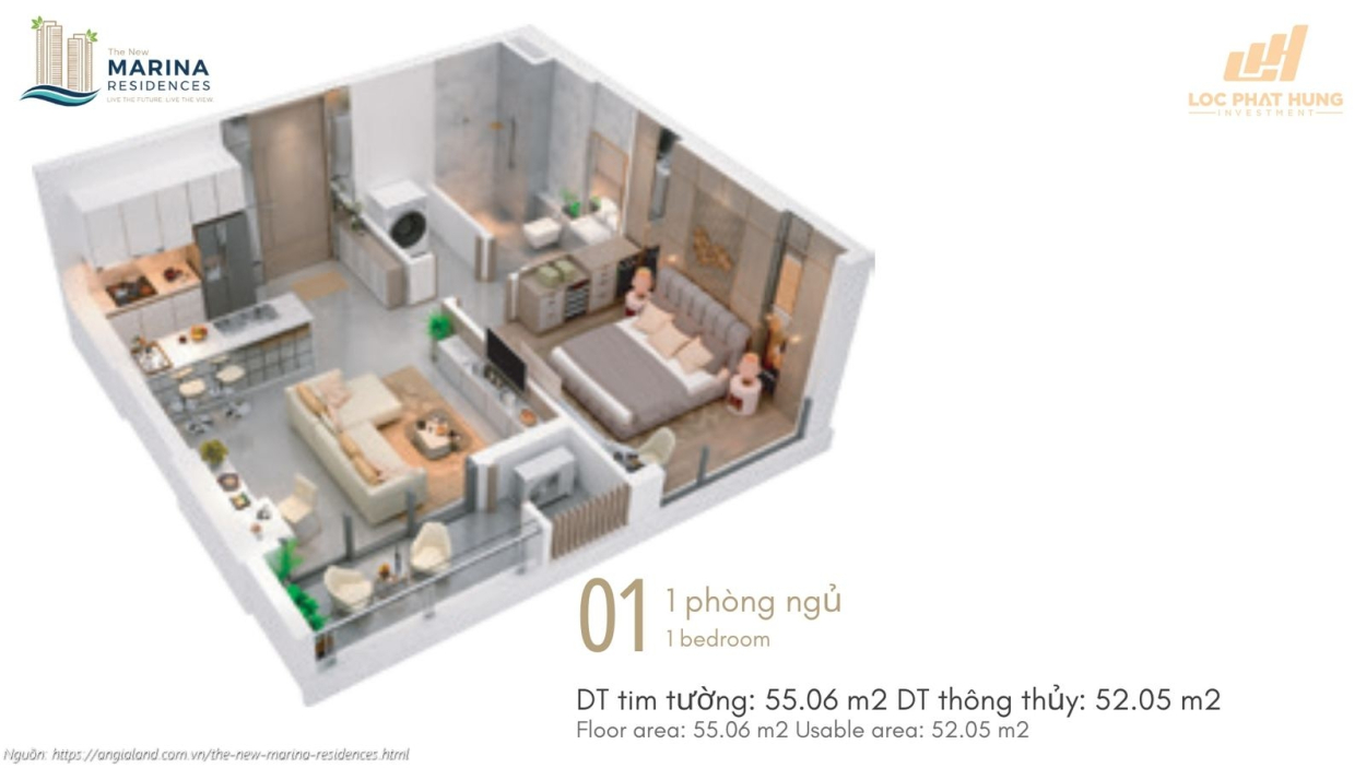 Vlasta Premier Layout chi tiết căn hộ 1PN diện tích tim tường 55.06m2 chung cư Vlasta Premier
