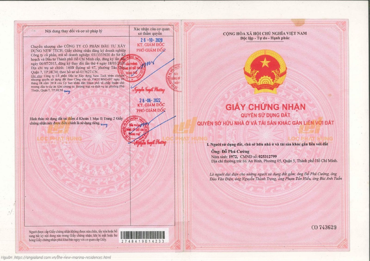 Vlasta Premier Giấy chứng nhận quyền sử dụng đất (sổ đỏ) của dự án Vlasta Premier Quận 7