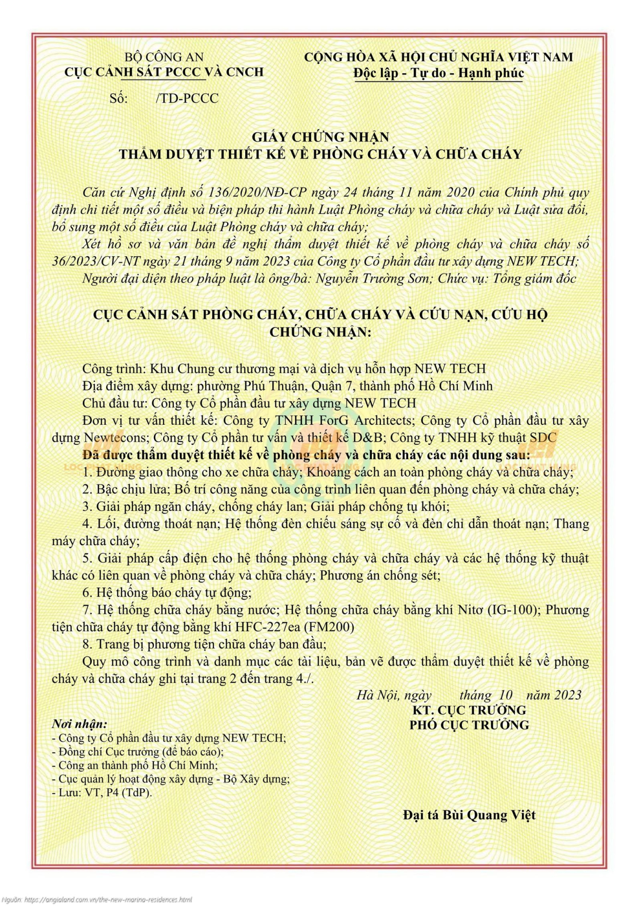 Vlasta Premier Văn bản thẩm duyệt thiết kế về PCCC (Phòng cháy chữa cháy) dự án Vlasta Premier Quận 7