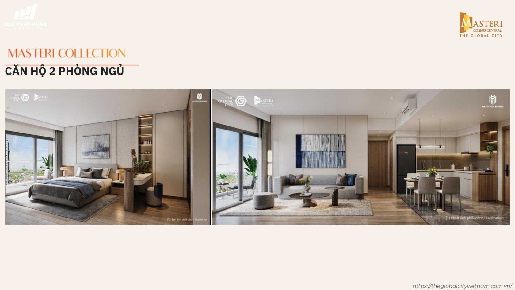 Layout chi tiết căn hộ 2 phòng ngủ và 2 phòng ngủ cộng (2PN+) dự án Masteri Cosmo Central