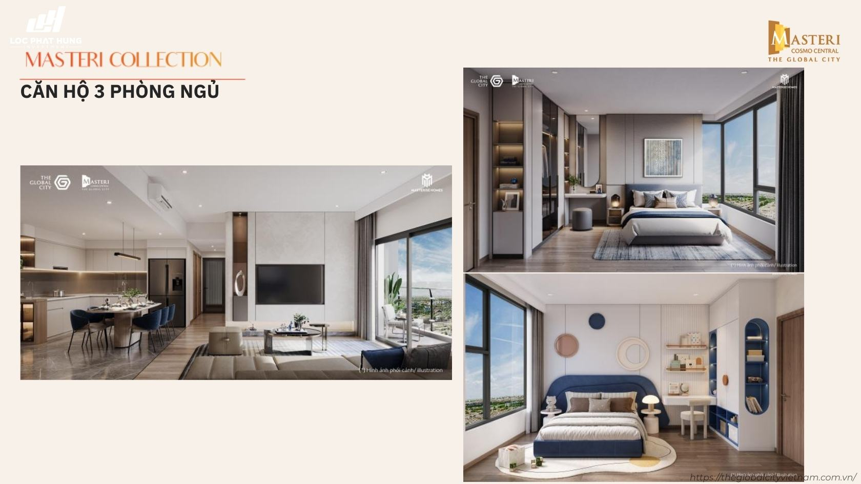 Layout chi tiết căn hộ 3 phòng ngủ sang trọng tại Masteri Cosmo Central.