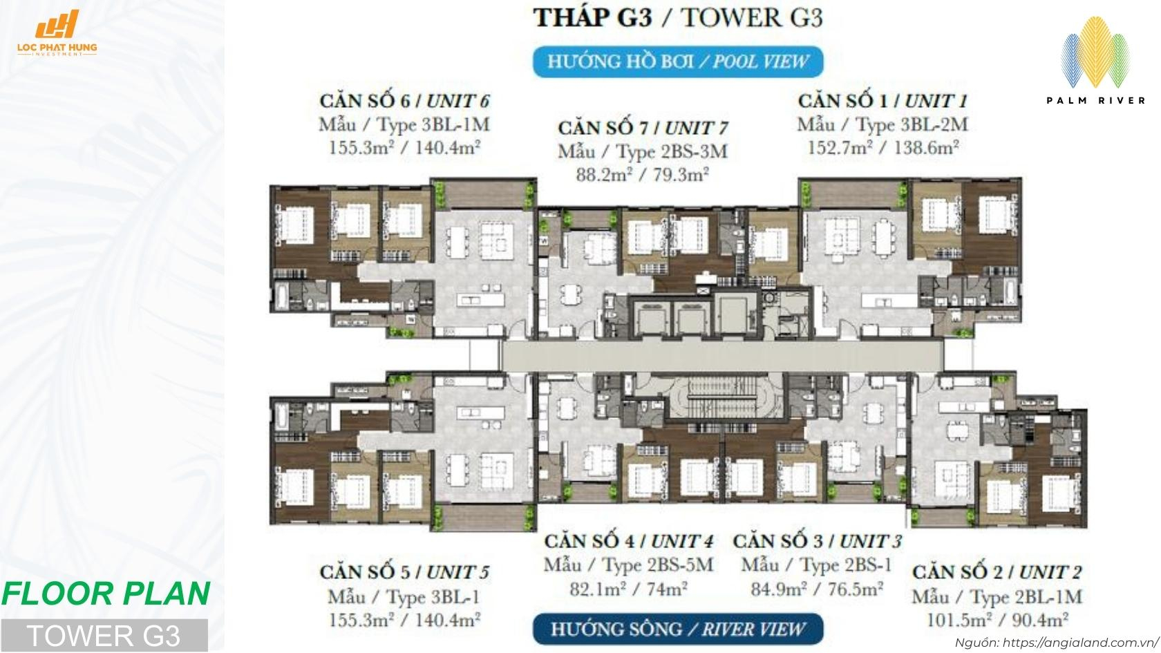 Mặt bằng tầng điển hình Tháp G3 dự án căn hộ Palm River Quận 2 - View sông và View hồ bơi