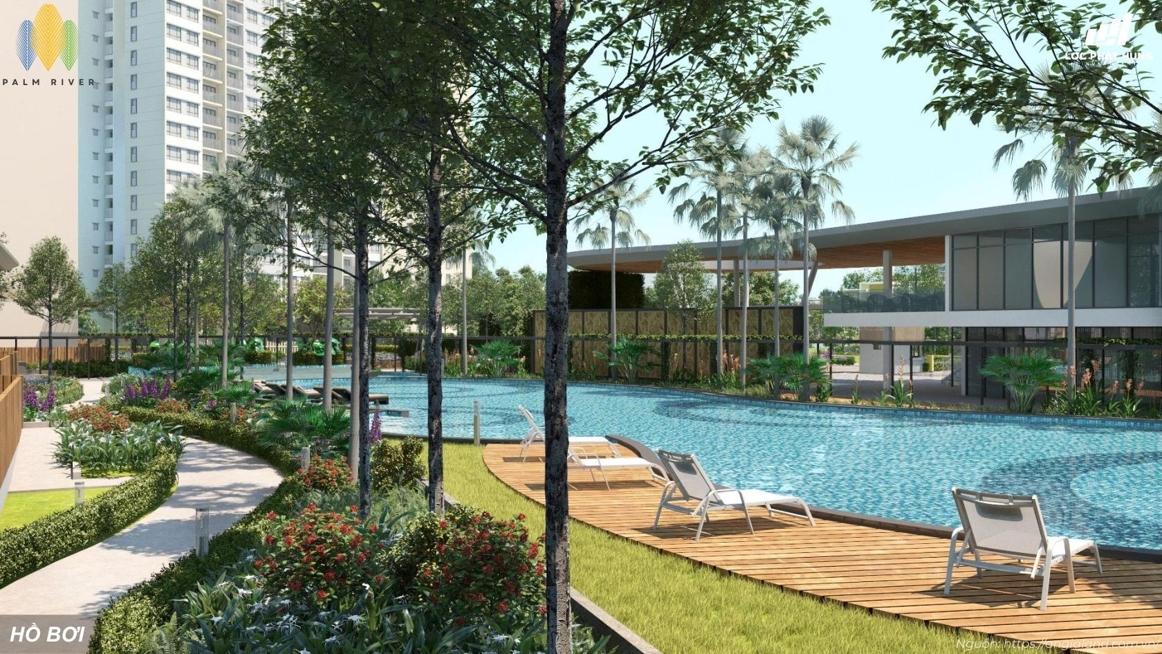 Tiện ích hồ bơi tràn bờ phong cách resort tại căn hộ Palm River Quận 2