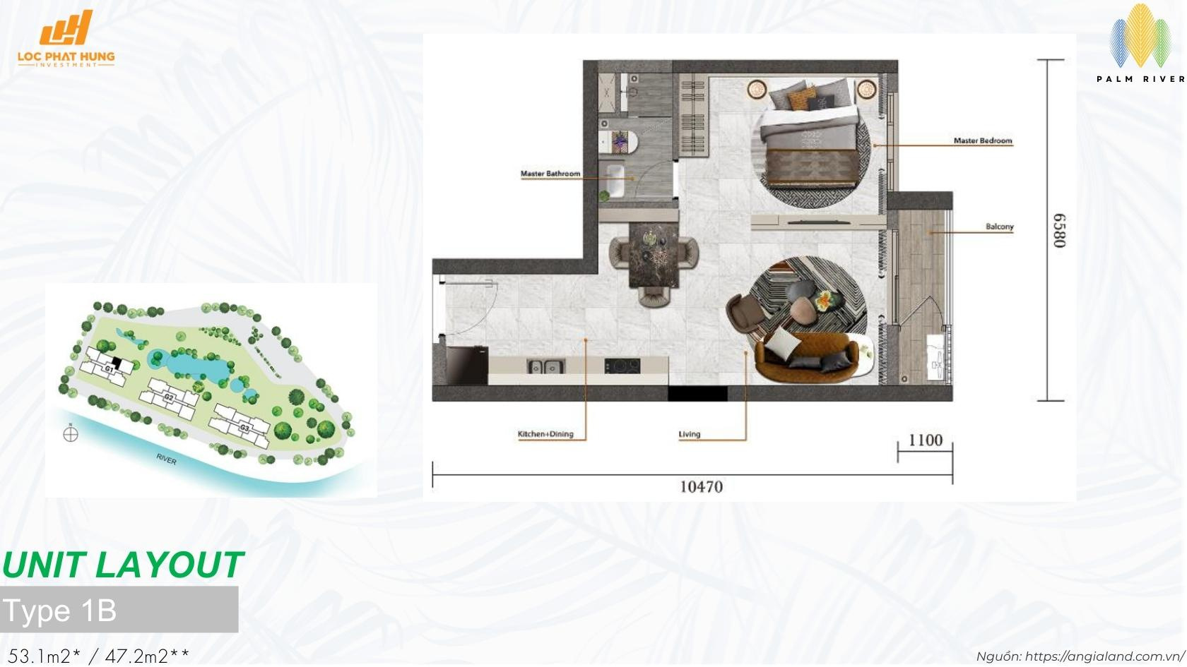 Mặt bằng thiết kế căn hộ 1 phòng ngủ Type 1B dự án Palm River Quận 2 (53.1m2)