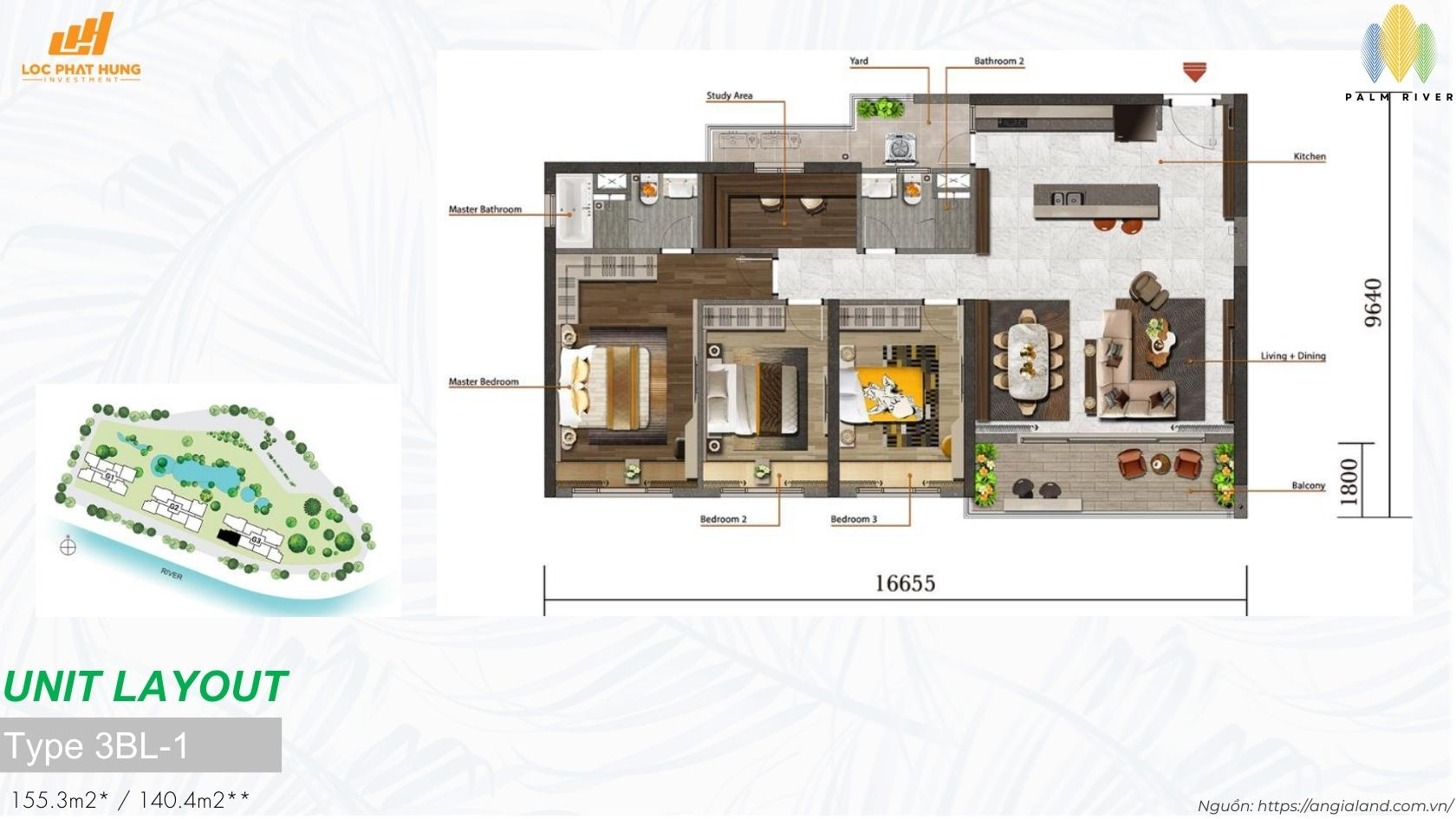 Mặt bằng thiết kế căn hộ 3 phòng ngủ lớn Type 3BL-1 dự án Palm River Quận 2 (155.3m2)
