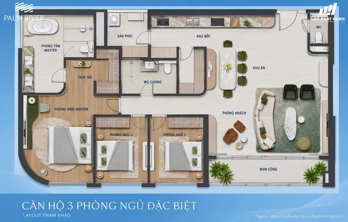 Mặt bằng căn hộ 3PN chung cư Palm River