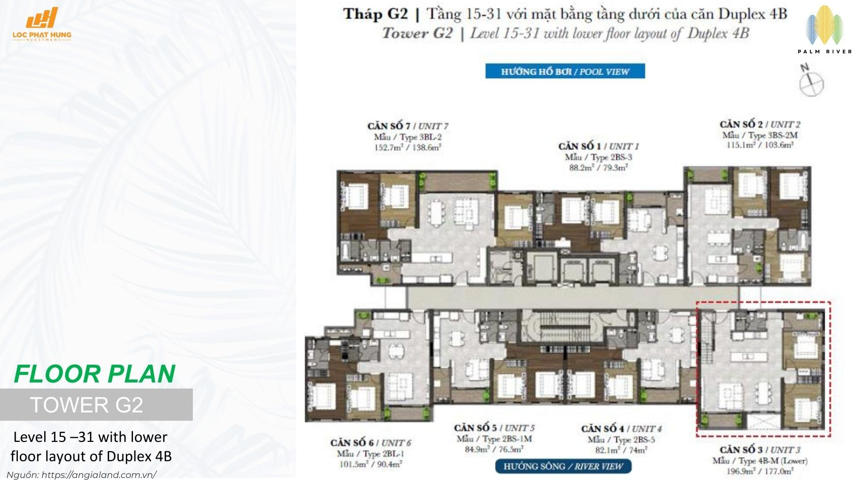 Mặt bằng tầng 15-31 Tháp G2 dự án căn hộ Palm River Quận 2 - Layout căn hộ Duplex 4B