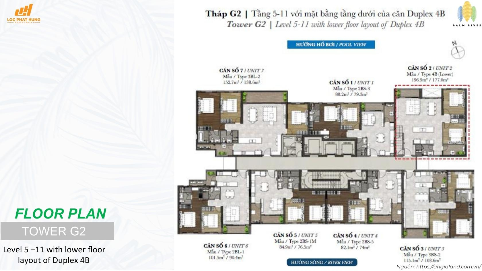 Mặt bằng tầng 05-11 Tháp G2 dự án căn hộ Palm River Quận 2 - Layout căn hộ Duplex 4B
