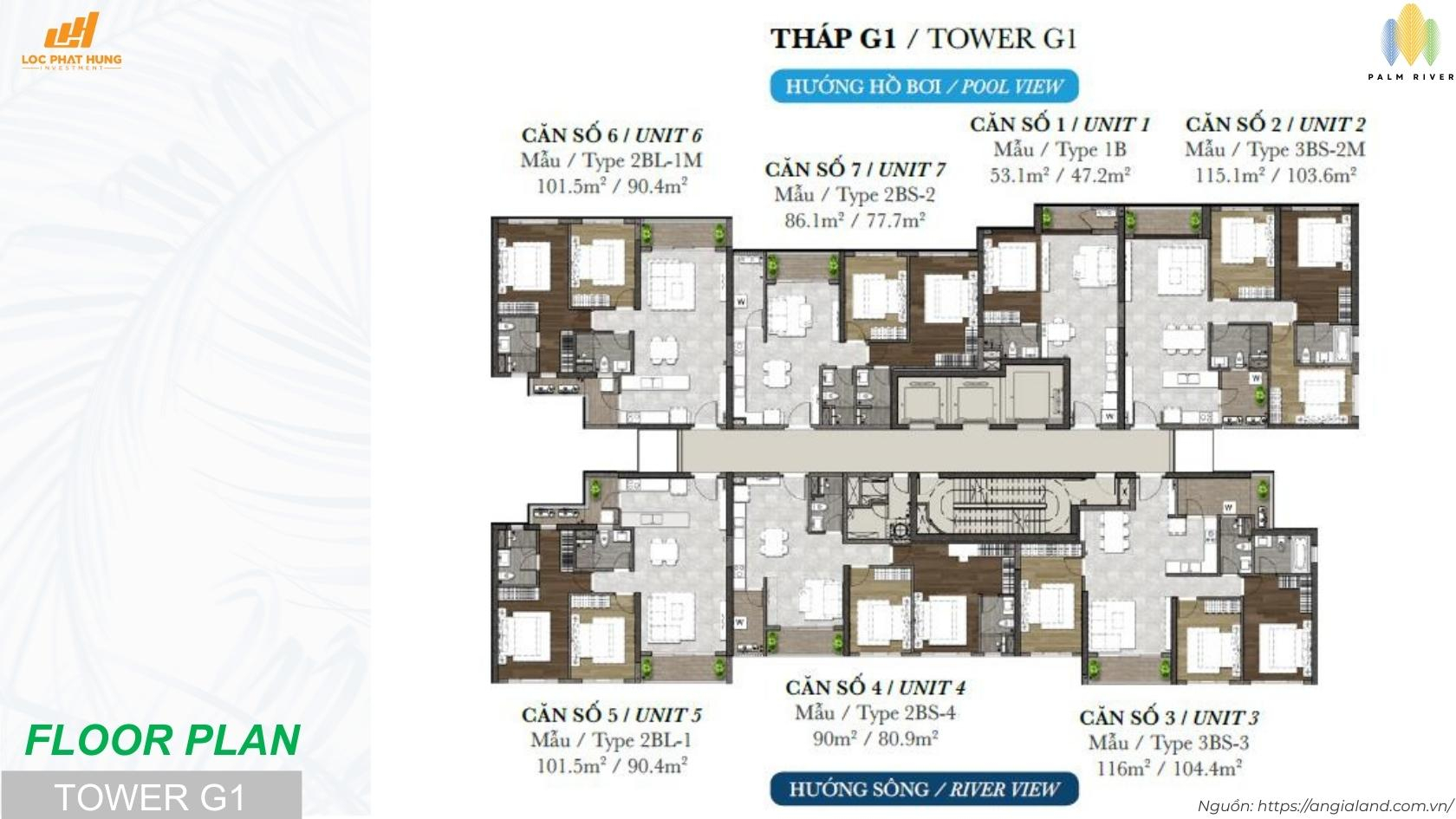 Mặt bằng tầng điển hình Tháp G1 dự án căn hộ Palm River Quận 2 - View hồ bơi và View sông
