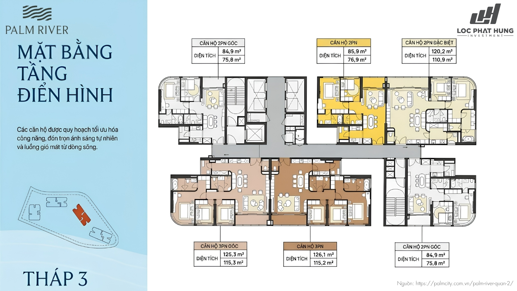 Mặt bằng tháp 3 căn hộ chung cư Palm River