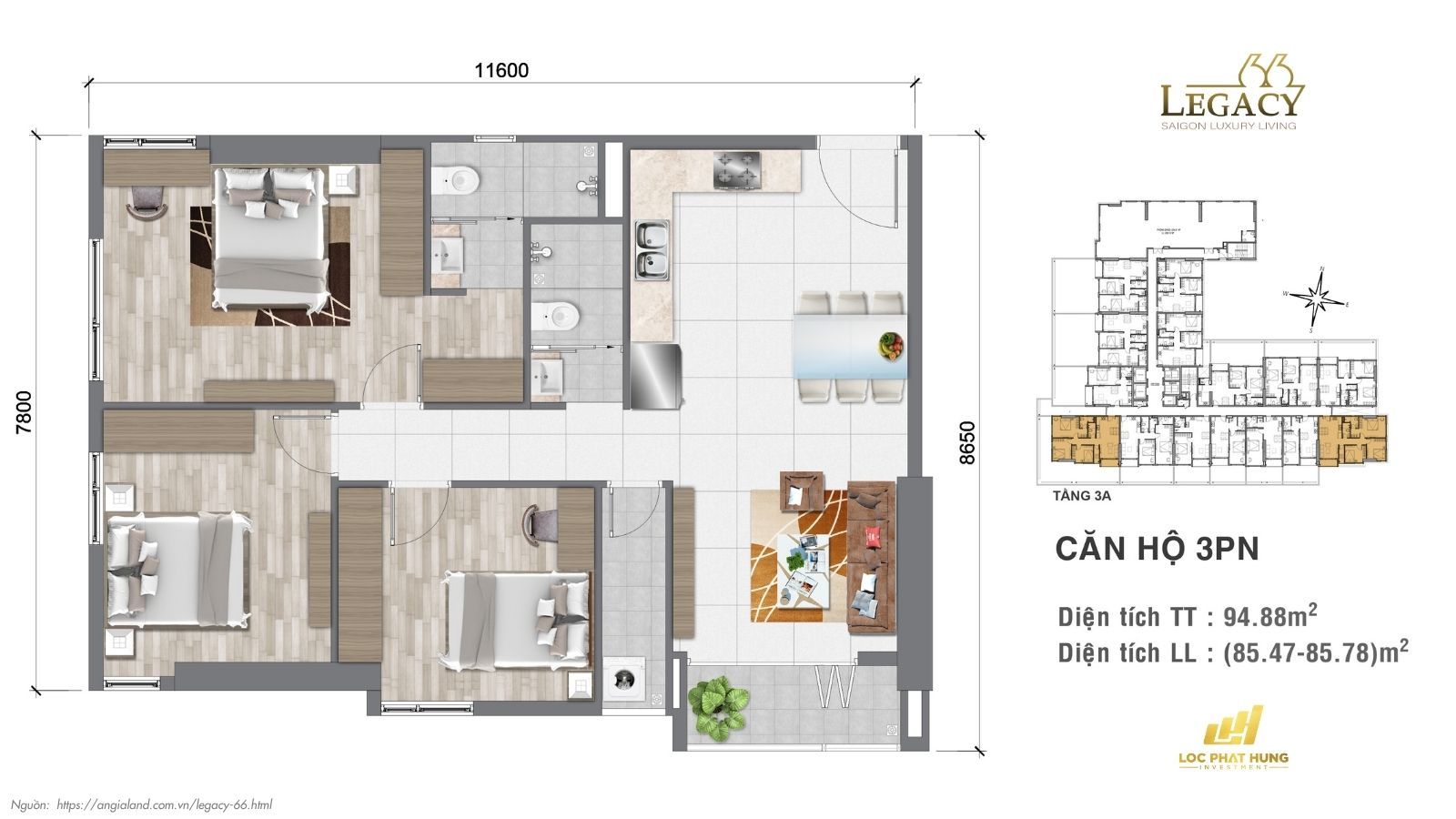 Thiết kế căn hộ Tầng 3A dự án căn hộ chung cư LEGACY 66 - Quận 5