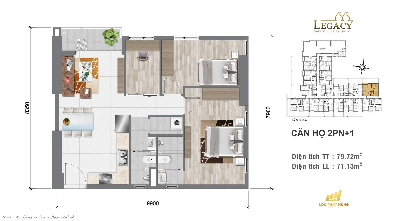 Thiết kế căn hộ Tầng 3A dự án căn hộ chung cư LEGACY 66 - Quận 5