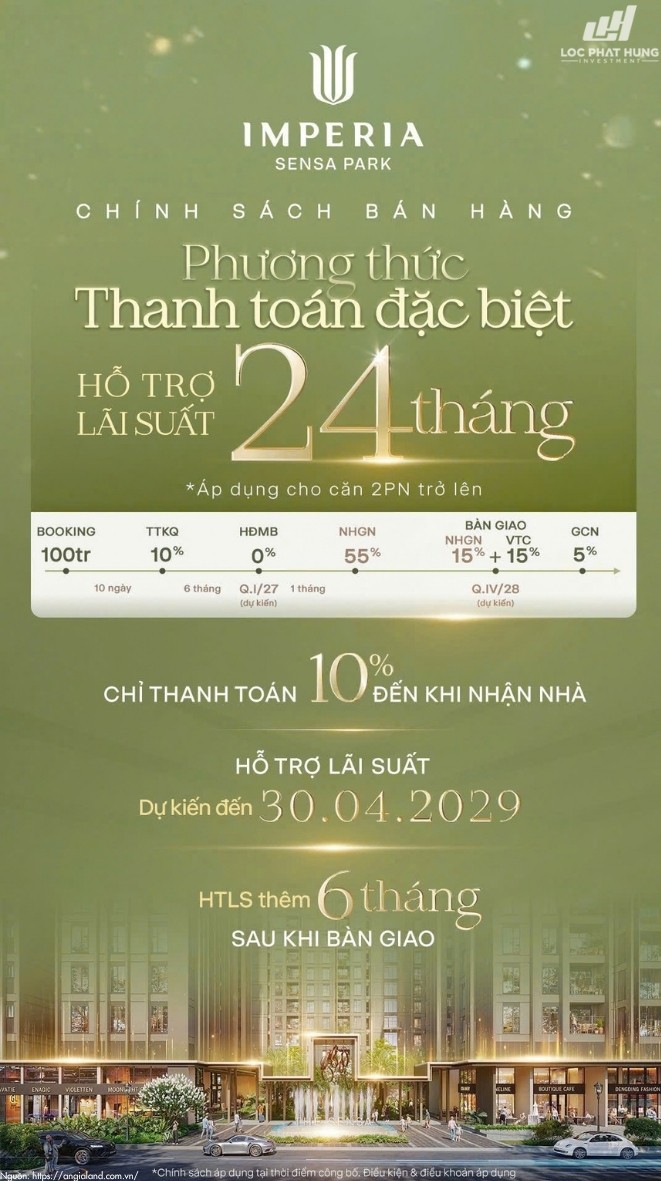 Chính sách thanh toán đặc biệt hỗ trợ lãi suất 24 tháng dự án Imperia Sensa Park