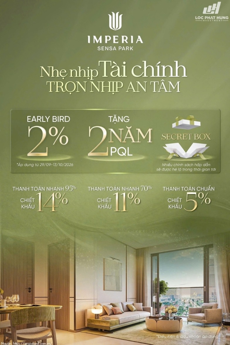 Chính sách ưu đãi Early Bird chiết khấu 14 phần trăm căn hộ Imperia Sensa Park