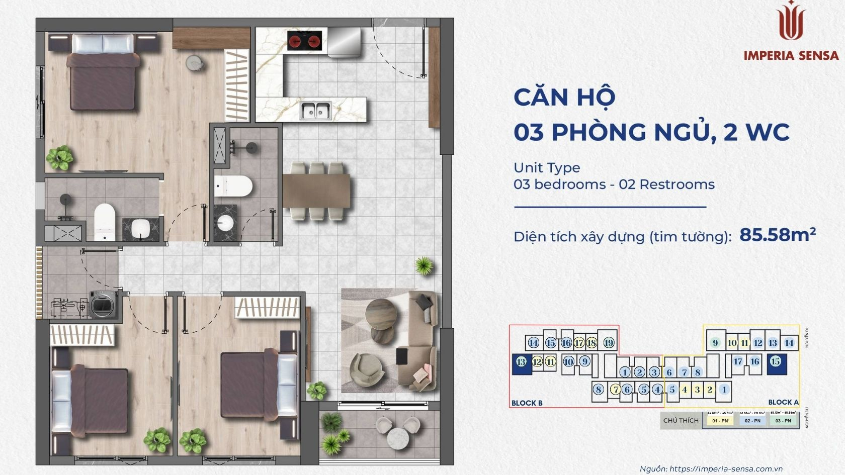 Căn hộ 3PN 85.58m2 Imperia Sensa thiết kế góc thoáng đãng. Bảng giá bán và cho thuê cập nhật độc quyền từ Lộc Phát Hưng.