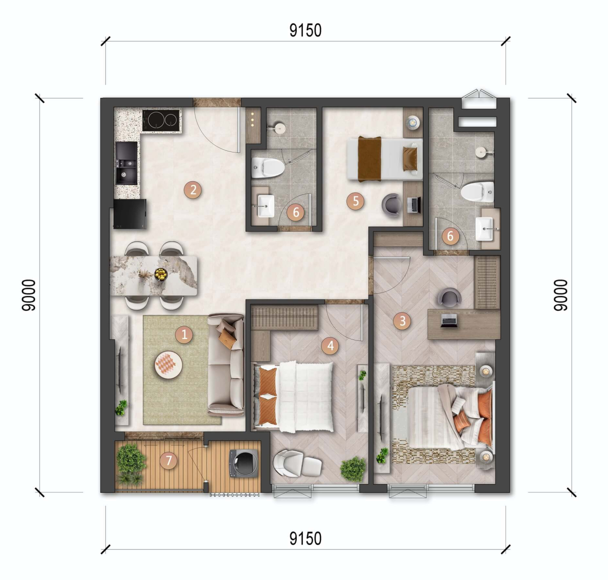 Layout chi tiết căn hộ 2BR tháp Beacon 1