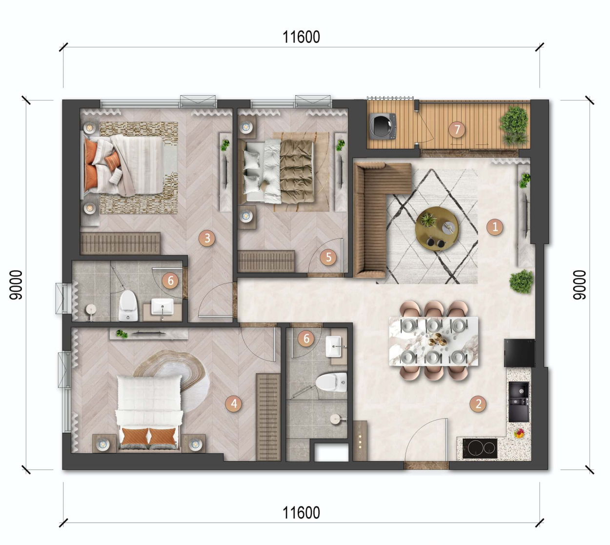 Layout chi tiết căn hộ 3BR tháp Beacon 1