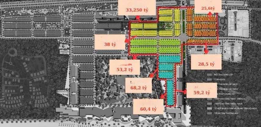 Bảng giá bán tham khảo các loại hình villa song lập đơn lập tại dự án