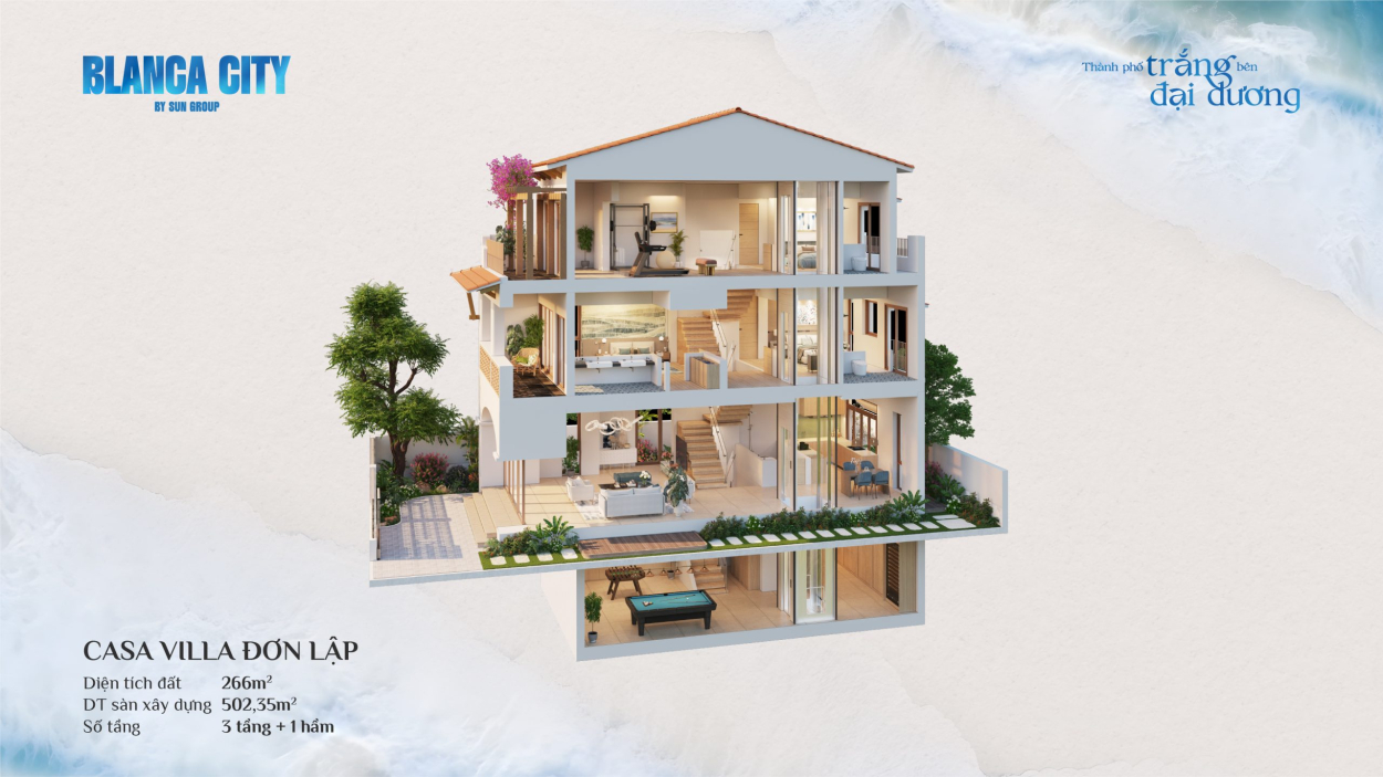 Mặt cắt đứng kiến trúc biệt thự đơn lập Casa Villa