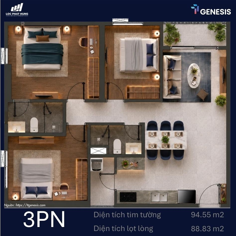 Layout thiết kế chi tiết các loại căn hộ từ 1 phòng ngủ đến 3 phòng ngủ tại dự án TT Genesis